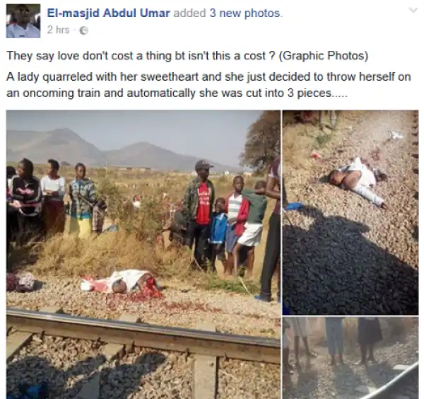 Graphic Photos: Suicidal Lady Who Had Disagreement With Lover Crushed To Death By Train